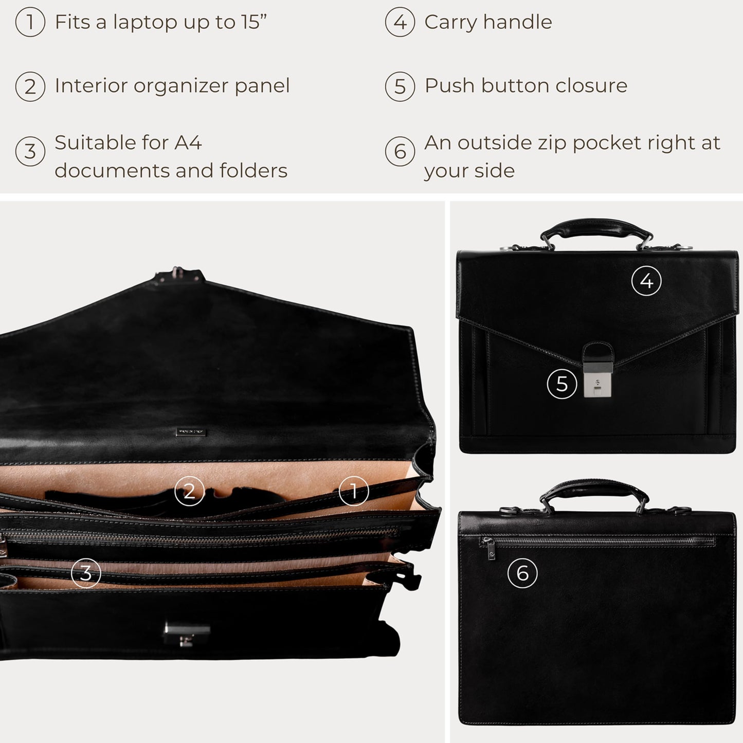 Time Resistance Leather Briefcase for Men - Business Laptop Bag - Italian Handmade Leather Bag - Attache - Gift Box Included (Black)