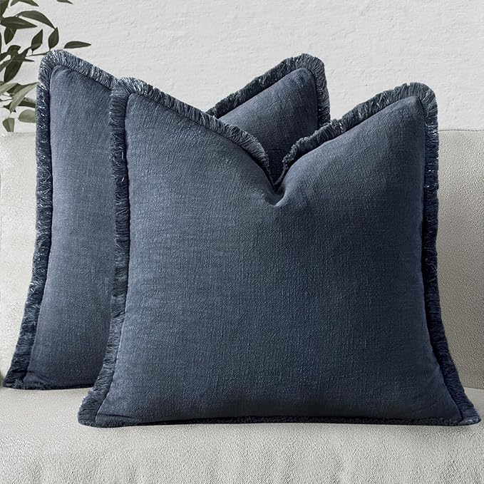 MIULEE Christmas Decorative Throw Pillow Covers Neutral Linen Fringe Throw Pillows Set of 2 Indigo Blue Boho Farmhouse Cushion Covers Coastal Decor for Couch Sofa Bed Living Room Decor 26x26 Inch