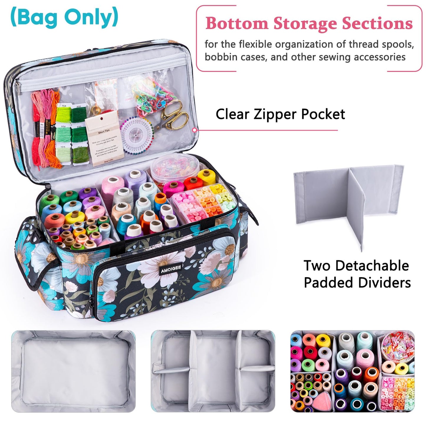 AMOIGEE Large 15" Double-Layer Sewing Storage Bag with Detachable Diviers – Large Sewing Organizer with Shoulder Strap, Elastic Loops for Sewing Supplies, Tools & Accessories