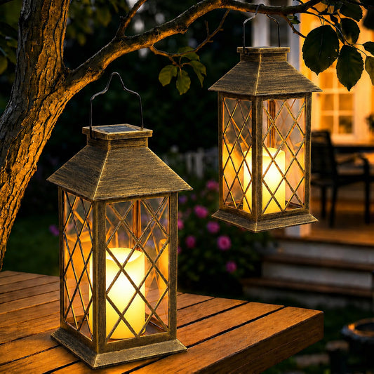 Yowin Solar Lanterns Outdoor Waterproof, 2 Pack Hanging Solar Lanterns with Flickering Candle, Tempered Glass Solar Lamp Outdoor for Garden Wall Table Patio Yard Fence, Housewarming Gift - Bronze