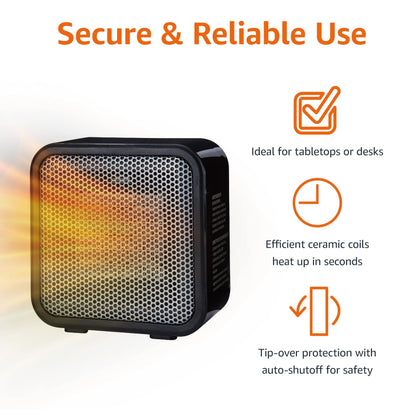 Amazon Basics Ceramic Space Heater, Mini Heater for Office Desk, Portable Tent Heater for Camping (Indoor Use), 500 W, With Tip-Over Protection, Lightweight (1.4 LBS), Black, 5.87”D x 3.15”W x 5.95”H