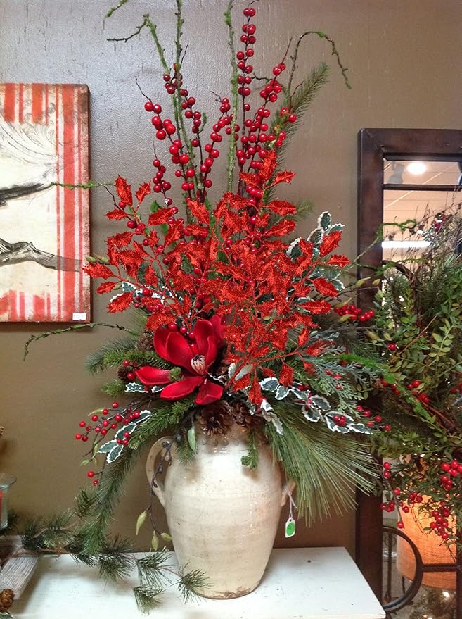 DILATATA 6Pcs Christmas Glitter Leaves Holly Leaves 23" Artificial Red Holly Leaf Picks Sprays Giltter Stems for Christmas Tree DIY Xmas Wreath Garland Home Decor - Red