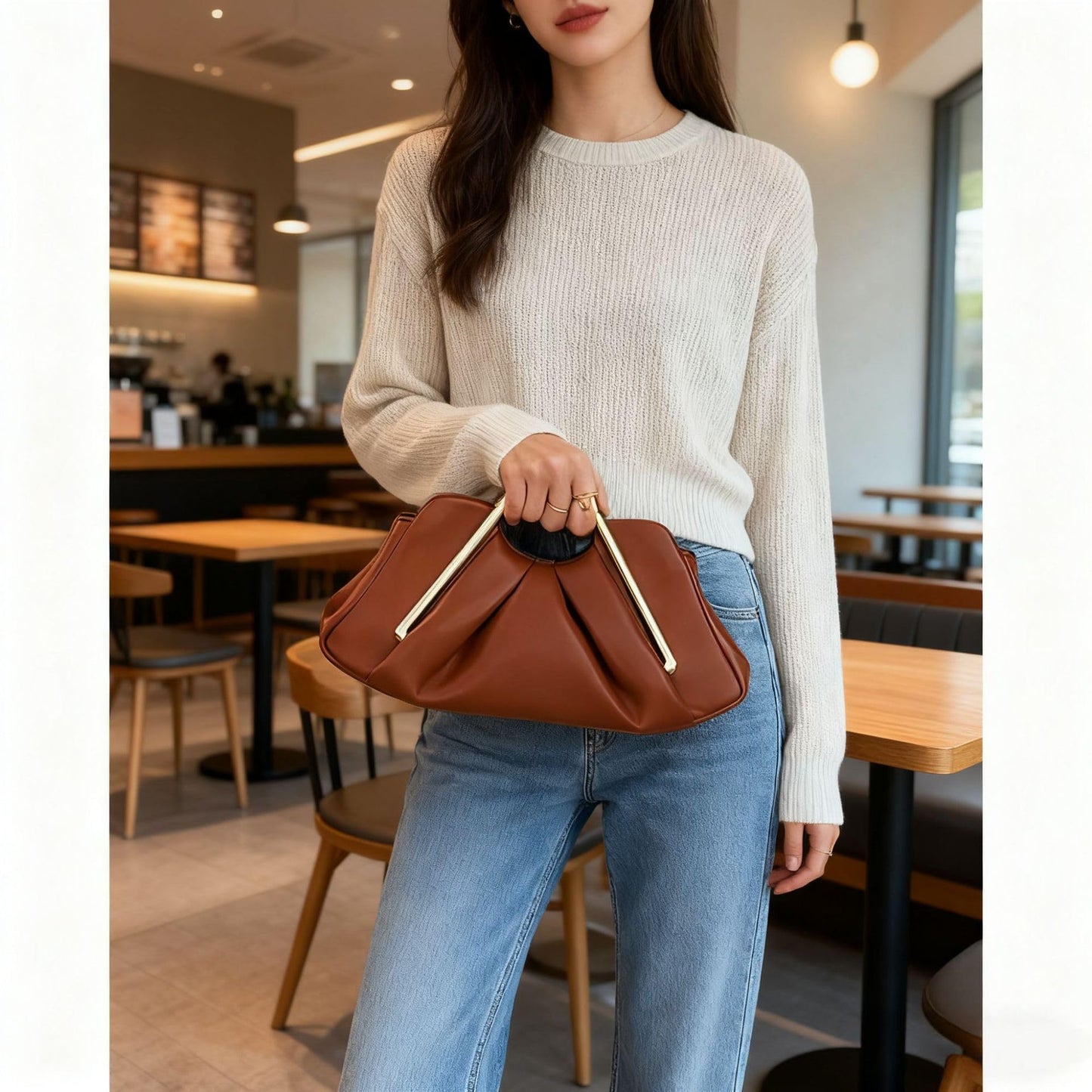 Women's Pleated Metal Frame Clutch Elegant Cloud-Shaped Leather Handbag Fashion Mini Evening Purses With Magnetic Snap (Black)