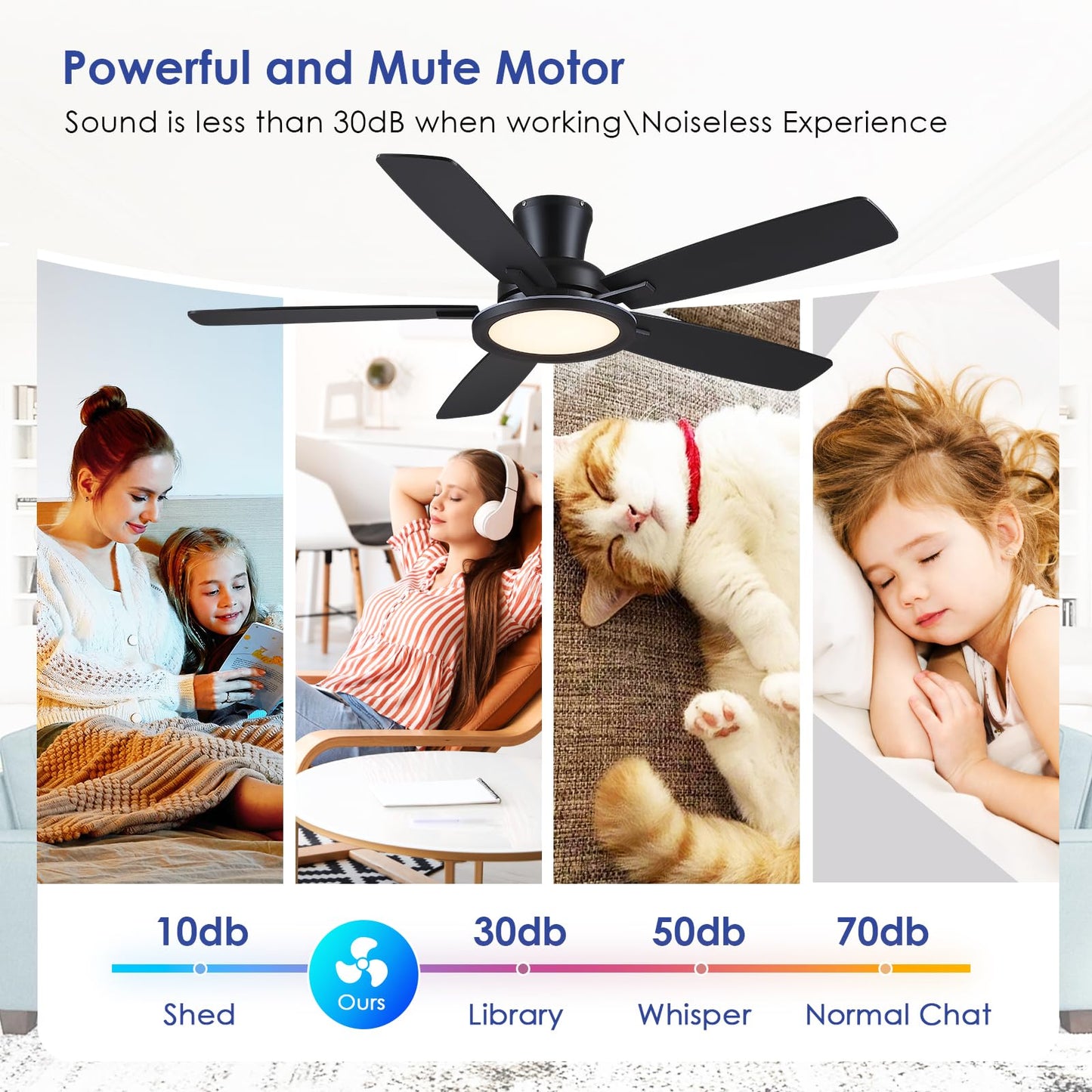 BYKISTOK Flush Mount Ceiling Fan with RGB Light - 52In Black Ceiling Fan Light with Reversible Mute Motor, LED 3CCT Dimmable, Low Profile Modern Ceiling Fans for Indoor, Party, Covered Outdoor