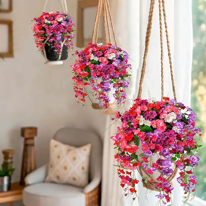 Artificial Flowers for Outdoors 3 Pack Fake Hanging Plants with Faux Hibiscus Flowers Summer Fall Decor UV Resistant Silk Leaves for Indoor Outdoor Front Door Porch Patio Planter Decor