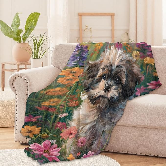 Shih Tzu Flower Throw Blanket for Boys Girls Kids Adults Women, Fuzzy Warm Soft Cozy Flannel Blankets Gifts for Bedroom, Couch, Travel, Home Decor 40x50 in