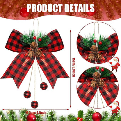 Xinnun 8 Pieces Christmas Buffalo Plaid Bows with Pine Cones Pine Needles Xmas Plaid Bow Ornament Christmas Tree Wreath Decoration for Holiday Parties DIY Crafts Home Decor (Red,Black)