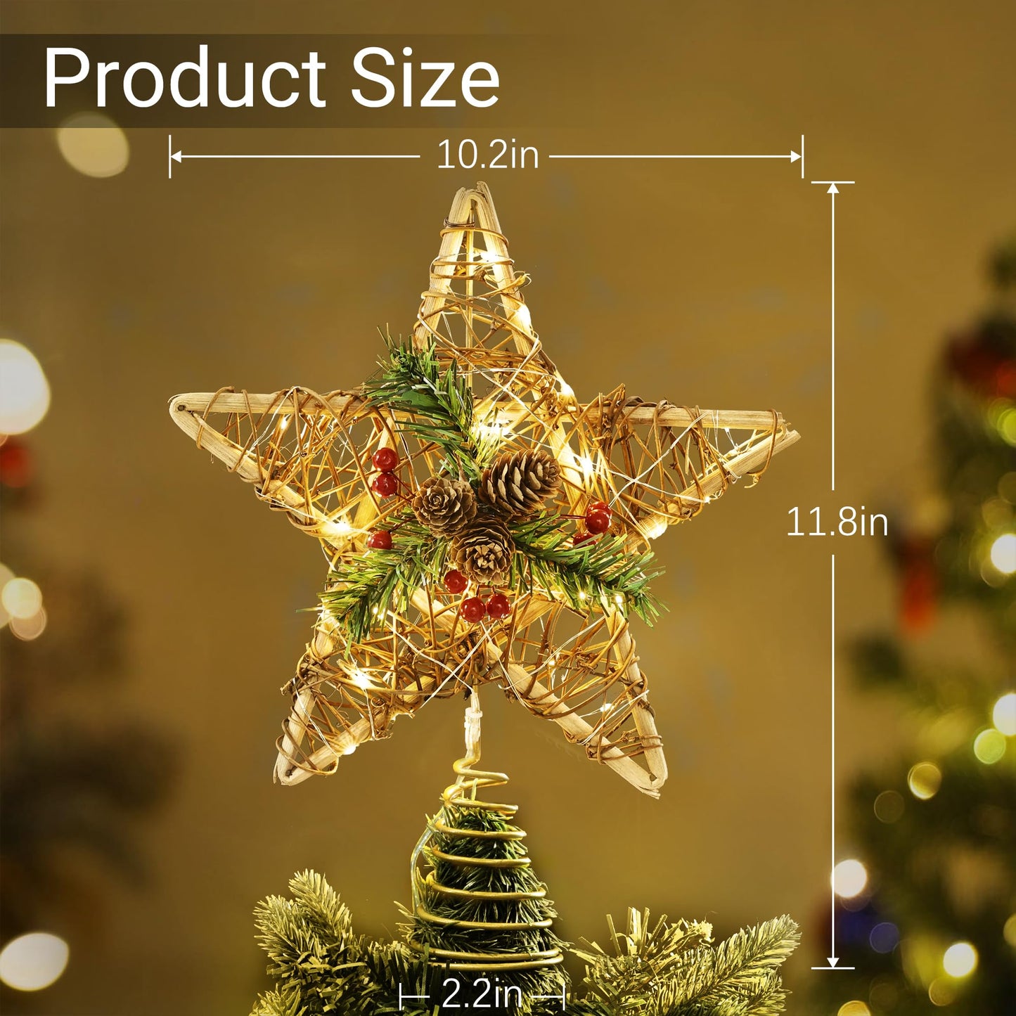 Brizled Christmas Tree Star, 10'' Rattan Christmas Tree Topper with 30 LED Lights, Battery Powered Xmas Treetop with Red Berries & Pine Cones, Xmas Tree Top Ornament for Christmas Tree Home Decor