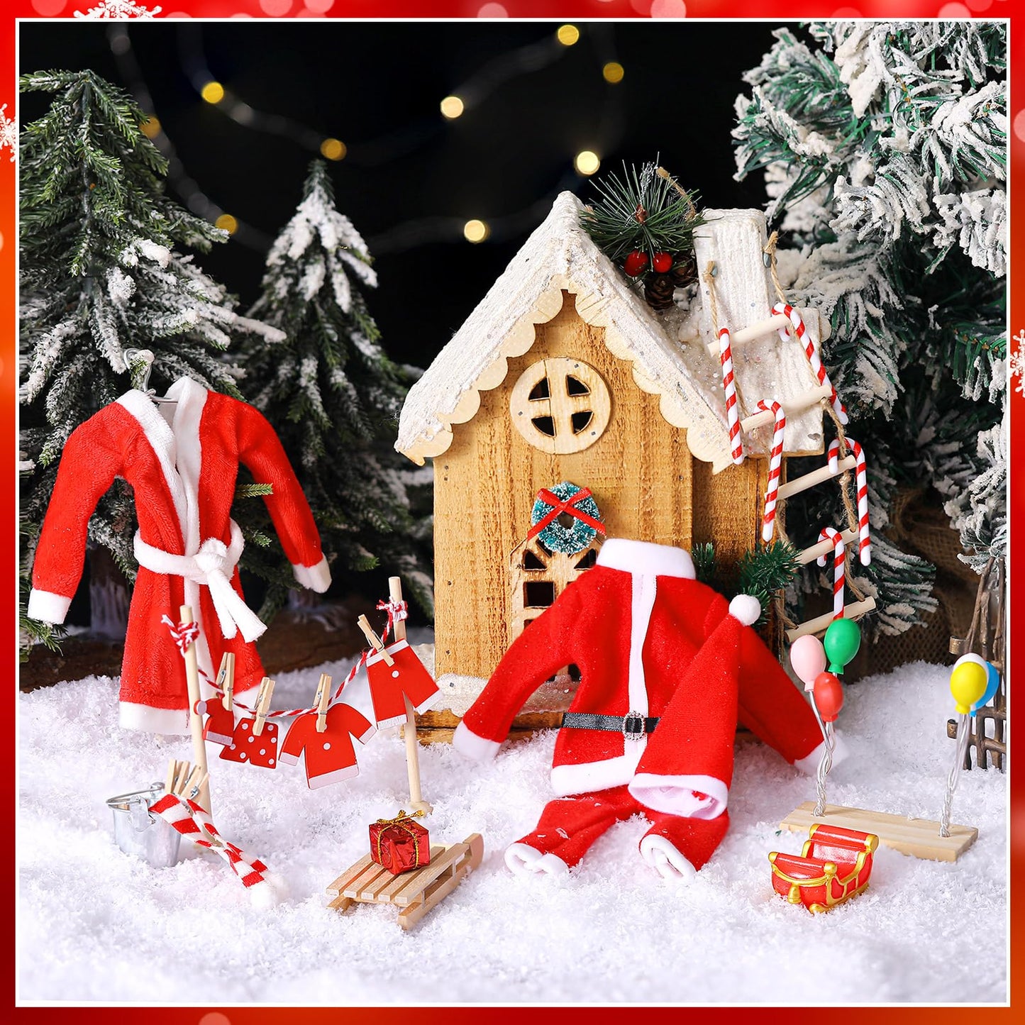 Civaner 34 Pcs Christmas Elf Costume and Accessories Set Include Mini Santa Outfits Elf Robe Scarf Hat Ladder Candy Canes Sled Gift Box Balloon Wreath and Mini Props for Xmas DIY Craft Gift