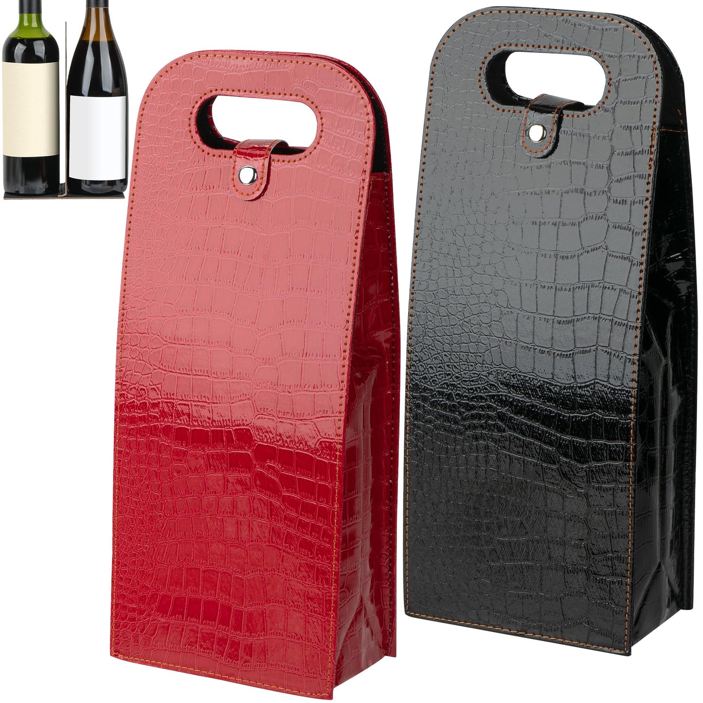 JANKINGS Double Wine Gift Bag, 2Pcs Reusable Leather Wine Tote Carrier, Champagne Gift Bags Carrier for Birthday, Wedding, Party (1 Red+1 Black)
