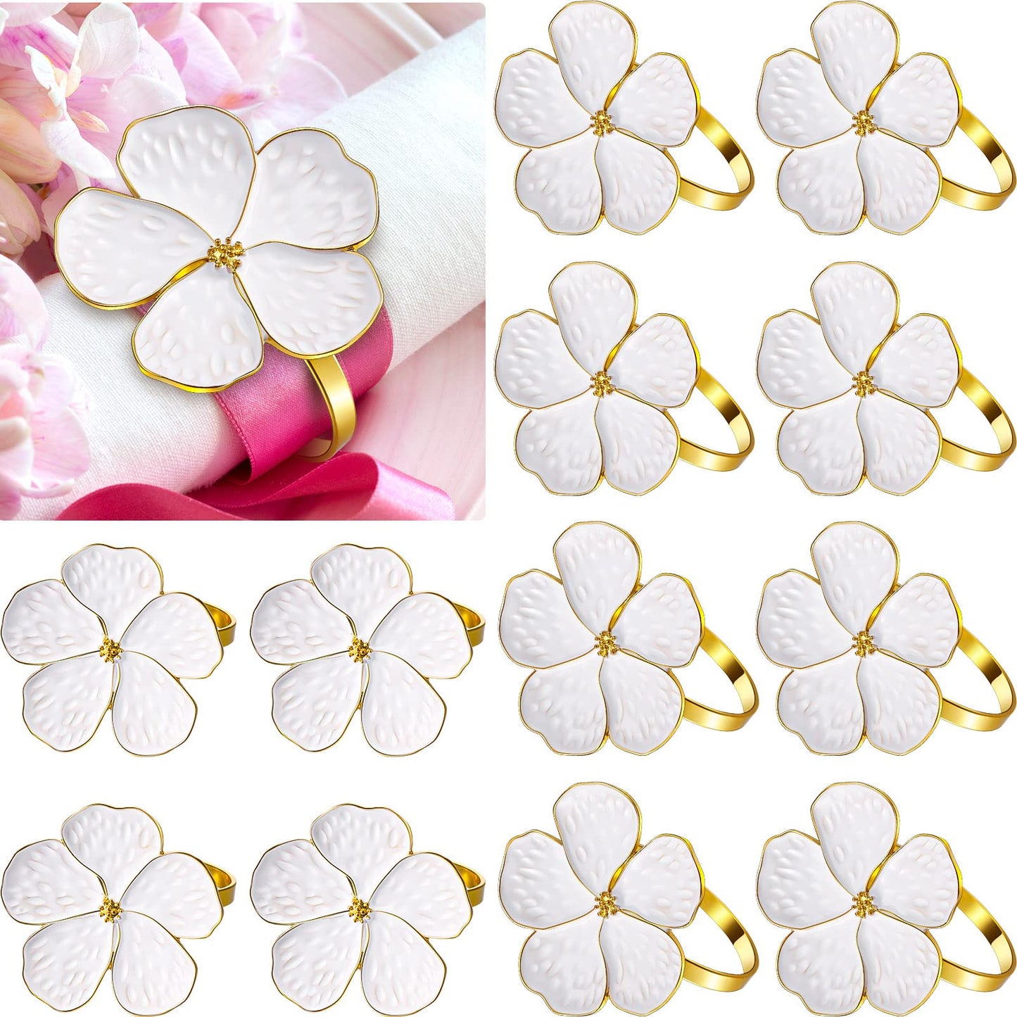 Patelai 24 Pcs White Flower Napkin Rings Bulk Gold Cloth Napkin Holder Set Floral Serviette Buckles Table Decor for Wedding Banquet Birthday Christmas Baby Shower Dinner Daily Use