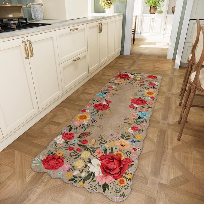 Kitchen Rug Runners for Hallways: 2x6 Washable Runner Rugs for Kitchen Ultra Thin Stain Resistant Non Slip Low Pile Lightweight Vintage Floral Carpet for Laundry Room, Bedside Decor (Khaki)