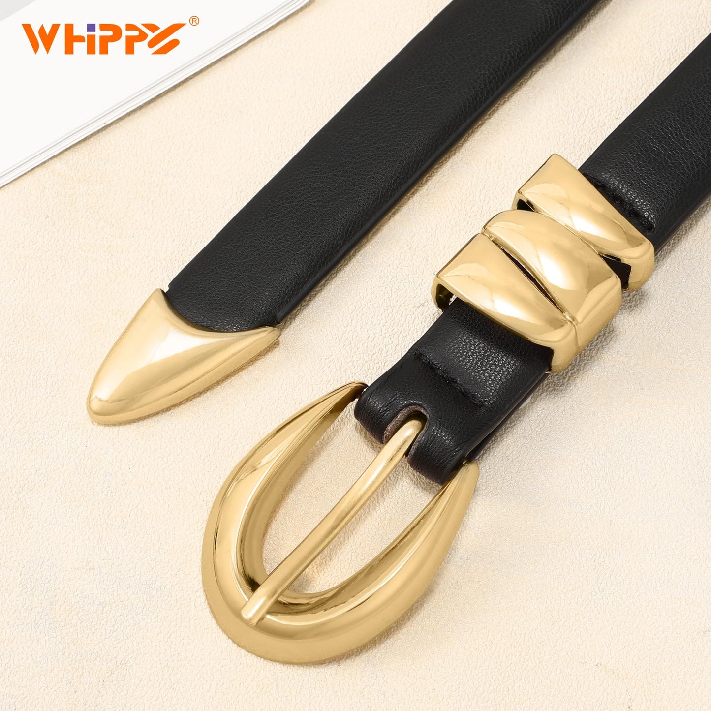 WHIPPY Women Skinny Leather Belt for Jeans Pants Dresses Ladies Fashion Waist Belt with Shiny Gold Buckle,Black Gold,S