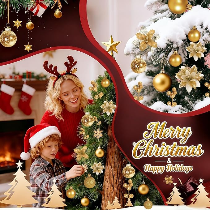 76Pcs Christmas Tree Decorations Set, Gold Assorted Ornaments with Large Shatterproof Plastic Balls, Star Tree Topper, Glitter Berries Stems, Ribbon for Indoor Garland Home Holiday Wedding Decor