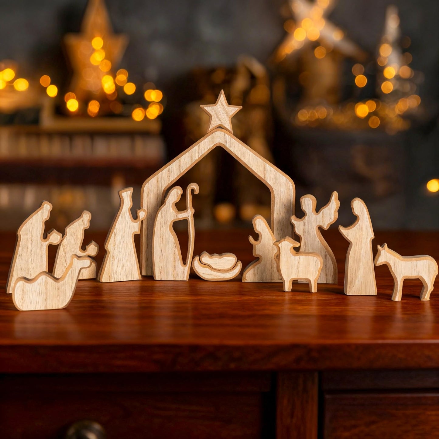 NEROSUN Nativity Scene Set, 13Pcs Wooden Christmas Nativity Scene Miniature Holy Family Figurines, Minimalism Boho Tabletop Christmas Manger Decorations for Christan Indoor Home Mantel Display