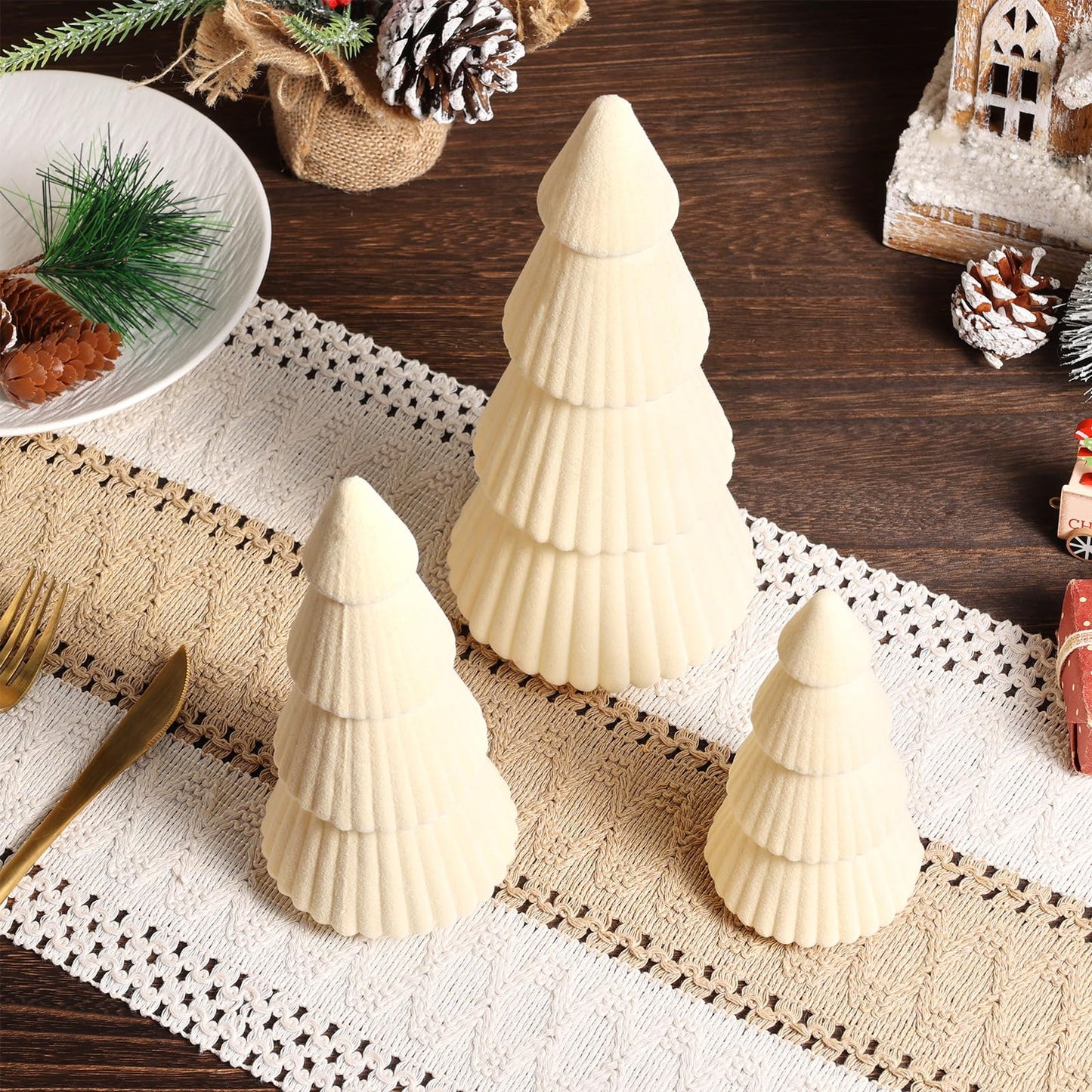 5 Pieces Christmas Velvet Trees Set Modern Christmas Decor 4 Szies Christmas Velvet Cone Trees Table Decoration Winter Decoration for Entryway Mantle Farmhouse(Creamy White)