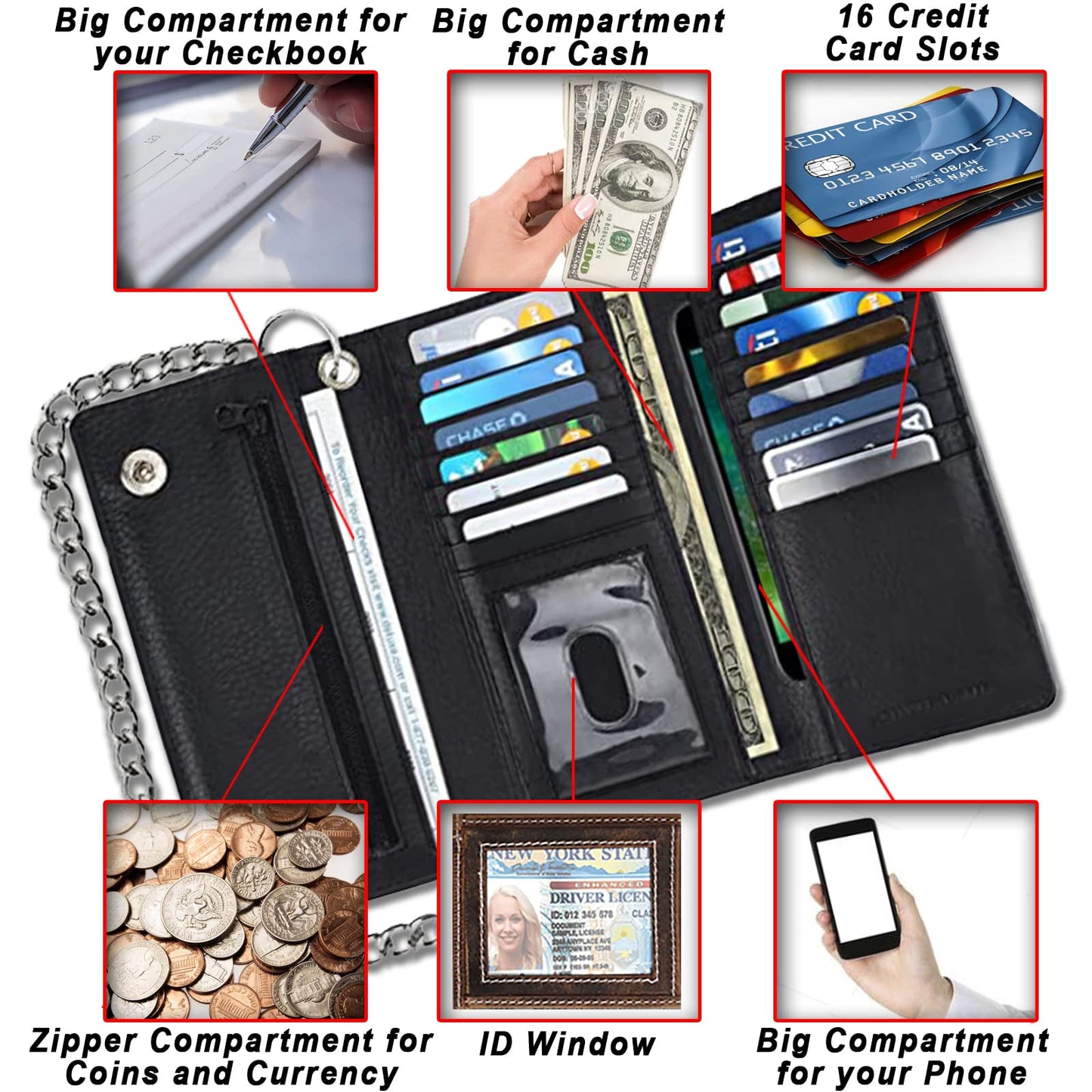 F&L CLASSIC RFID Blocking Mens Tri-fold Long Style Cowhide Leather Steel Chain Wallet,Black