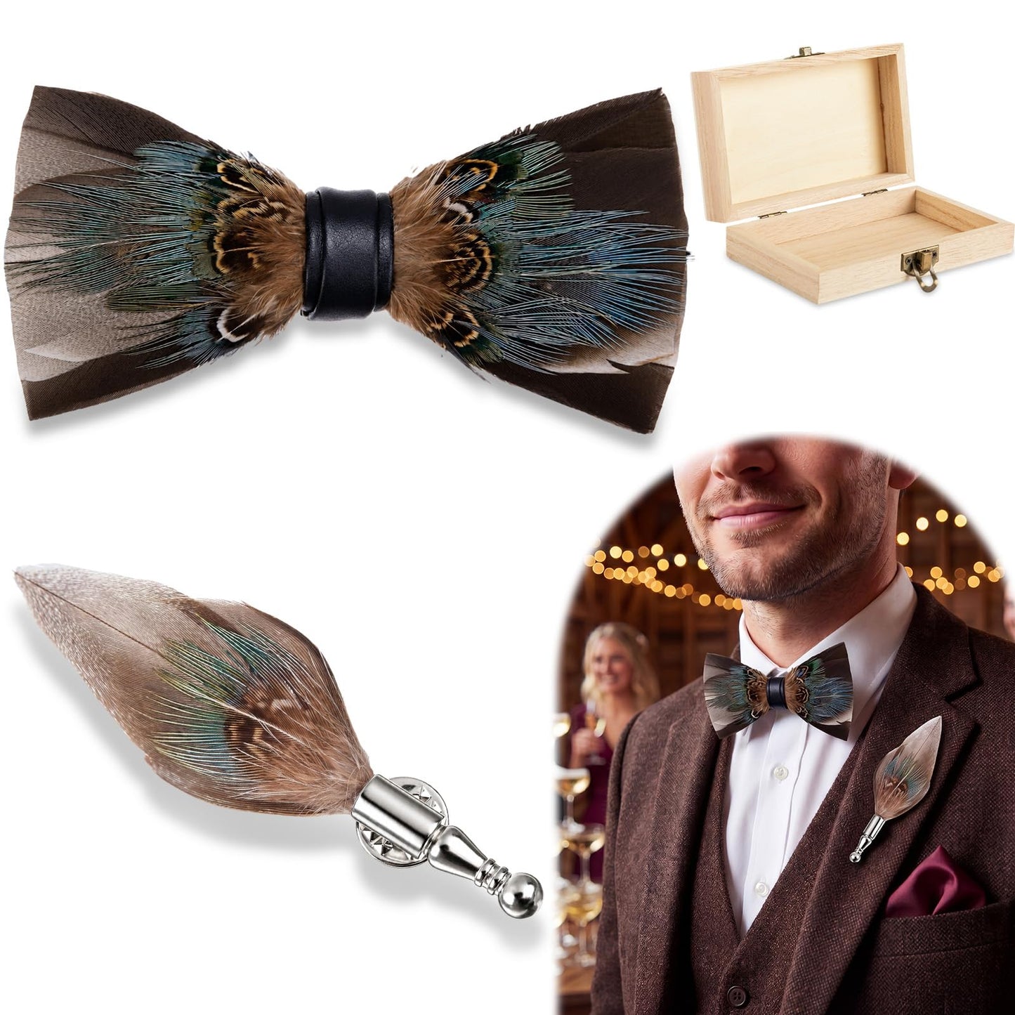 Suhine Pre Tied Feather Bow Tie for Men, Handmade Formal Bow Tie with Brooch, Wood Gift Box Set for Wedding Tuxedo Party (Brown Turquoise)