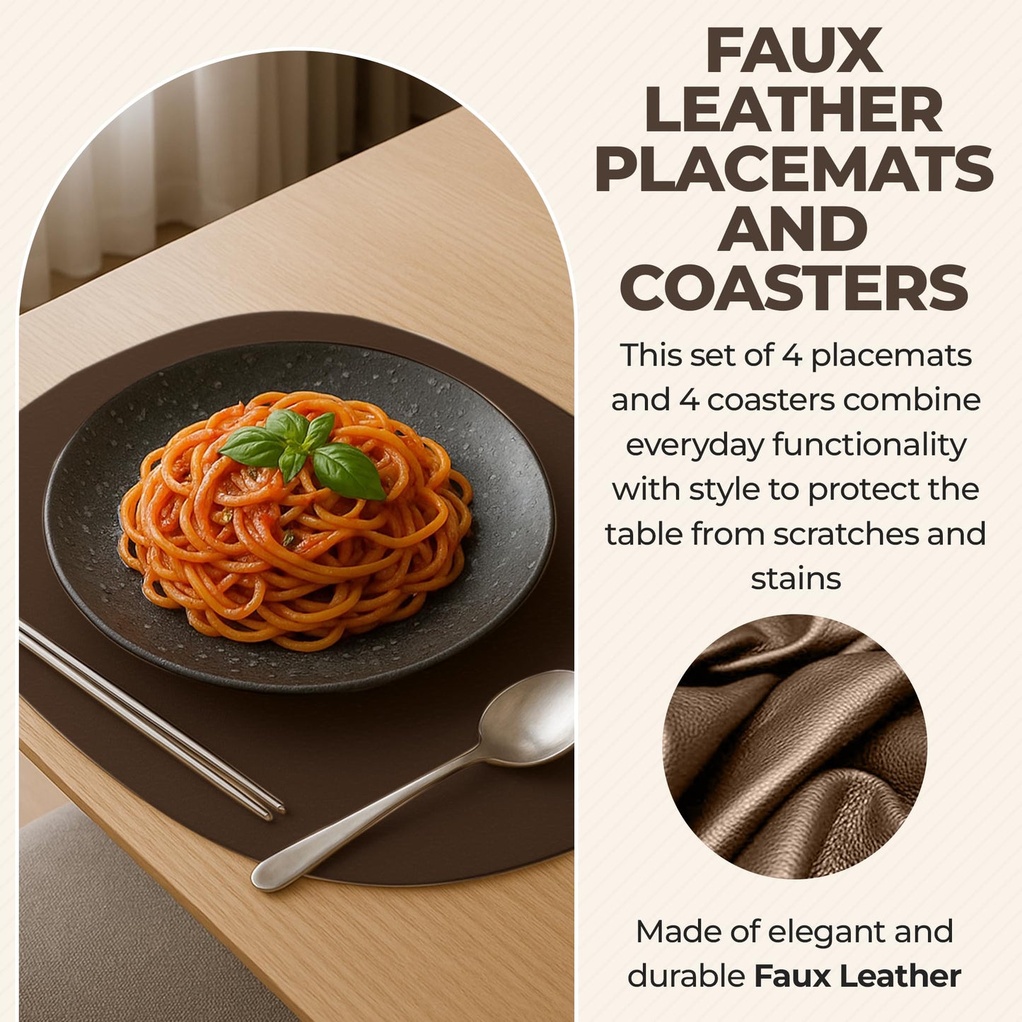 CaSail Faux Leather Placemats and Coasters - Set of 4 Round Modern Brown Table Mats for Dining - Heat Resistant, Waterproof & Non Slip Place mat for Indoor & Outdoor - Wipeable for Easy Care (Brown)