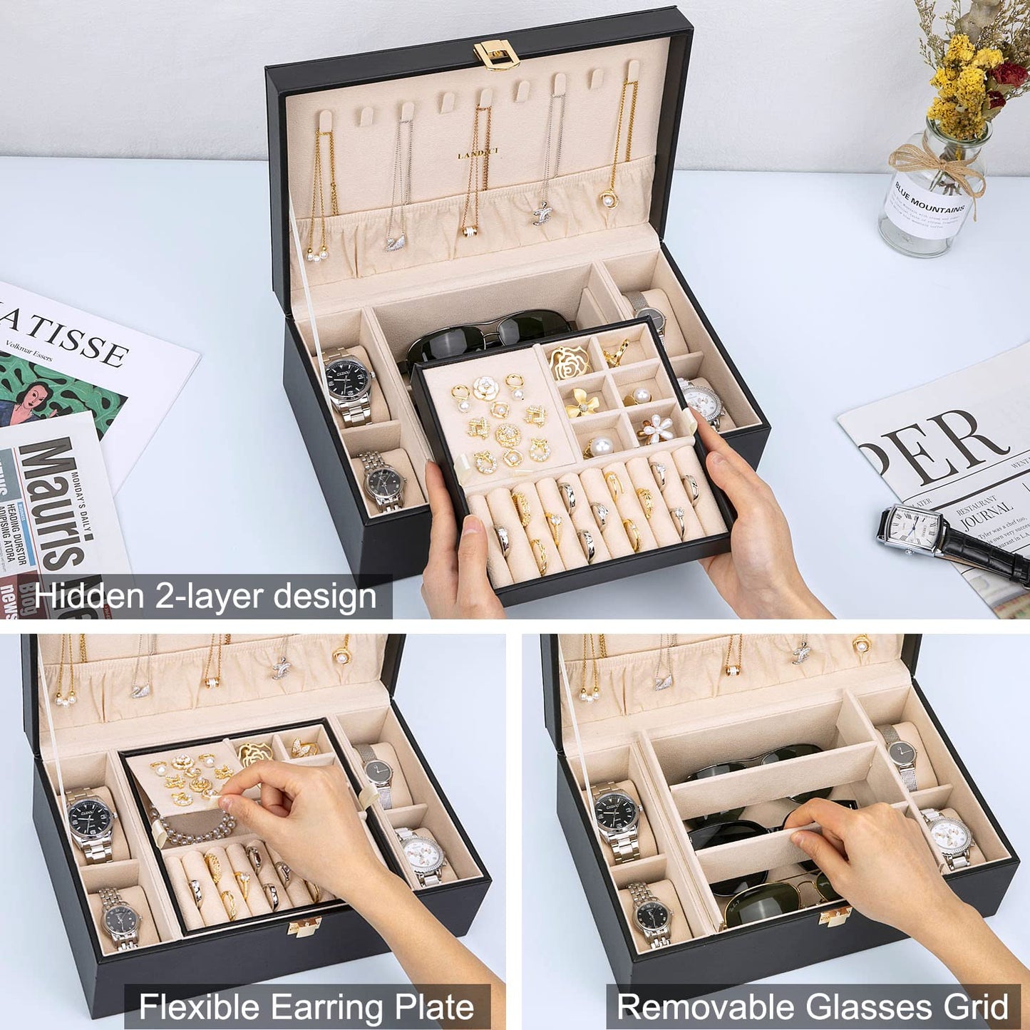 LANDICI Jewelry Box Organizer for Men Women, 2 Layer 4 Slot Watch Storage Case with Removable Tray, PU Leather Large Jewellery Holder Display for Watches Sunglasses Rings Earrings Necklace, Black