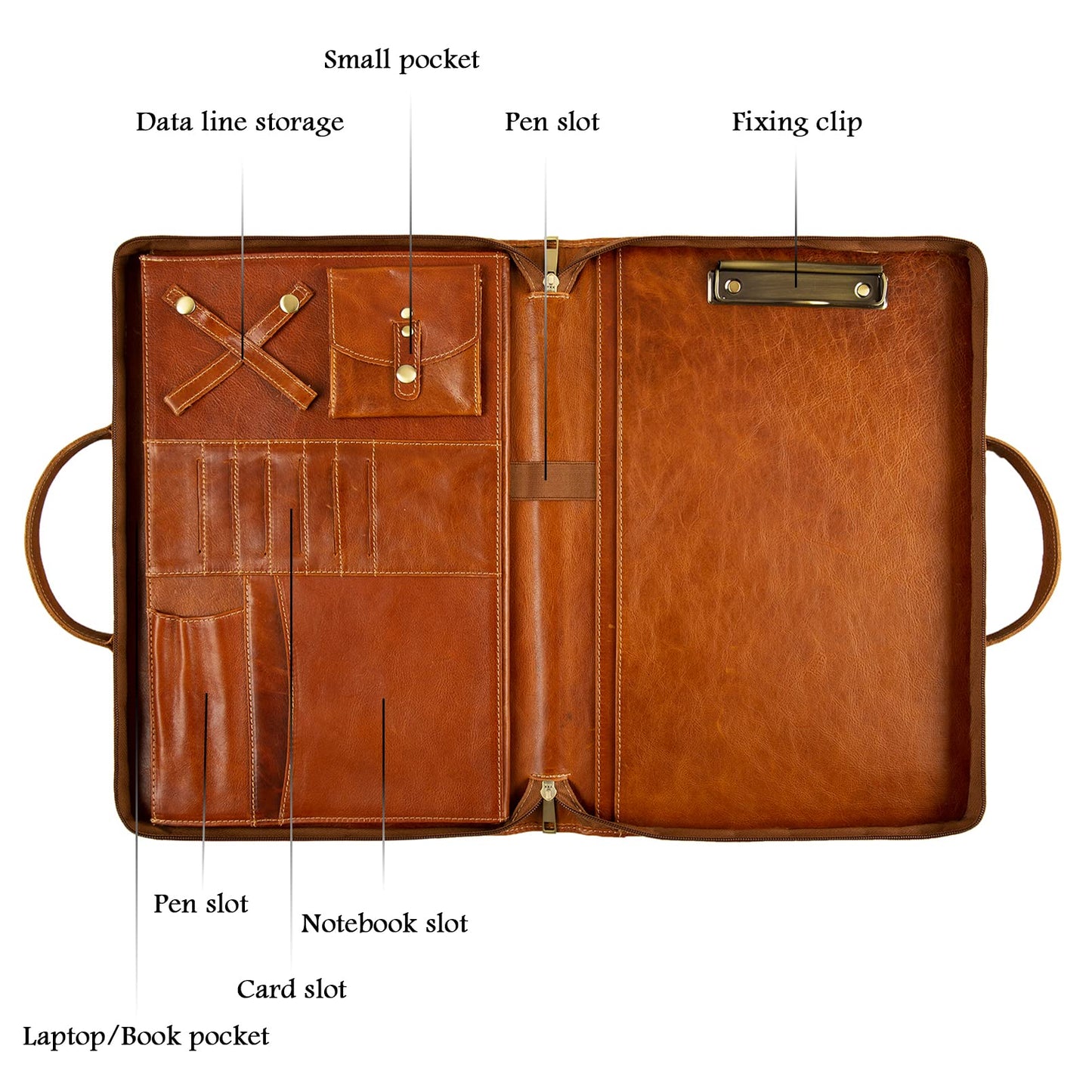 GZRHKJ Oil Wax Leather Portfolio, Padfolio Organizer with Handle, Personalized Padfolio，Padfolio With Zipper for Men Women，Suitable for 15-inch Laptop Legal Pad Padfolio, Brown