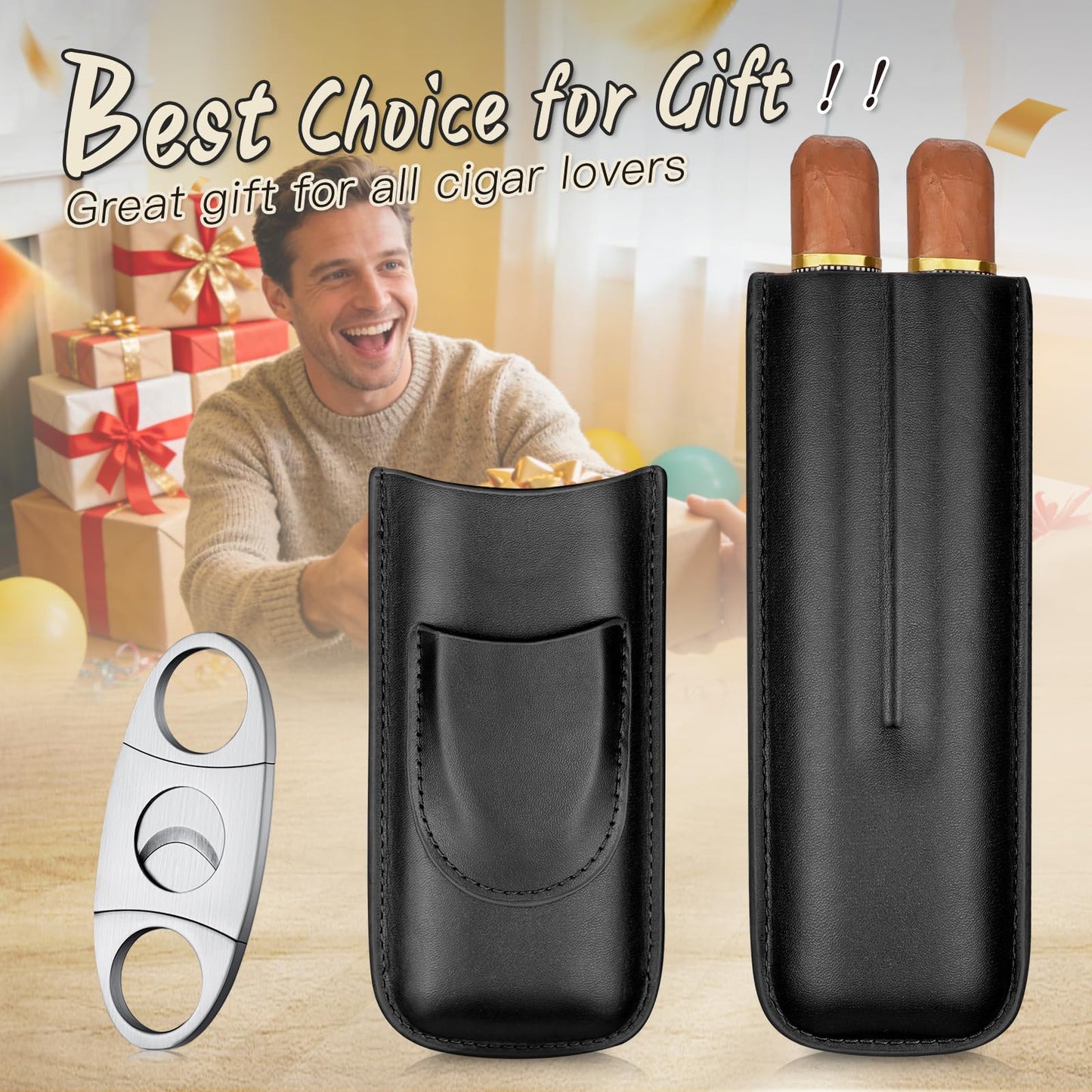 cgaplus 2-Finger Leather Cigar Case with Cutter Cedar Wood Lined Cigar Humidor Portable Travel Cigar Case(Black)