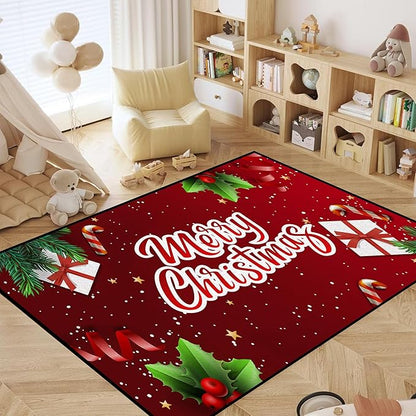 Christmas Rug Xmas Holiday Decorative Christmas Tree and Snowflake Pattern Welcome Mat for Home Decoration Non Slip Outdoor Indoor Entrance Floor Mat,71" X 47"