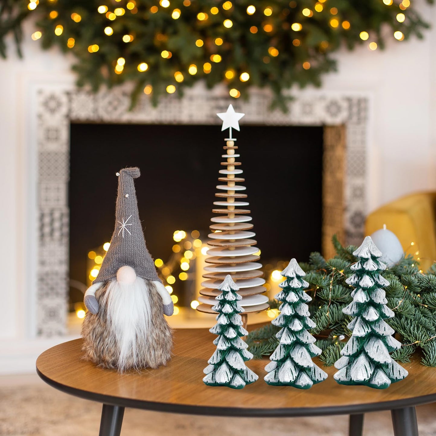 Resin Christmas Tree Figurines, 3pcs Snow-Dusted Tabletop Christmas Trees for Winter Decor, Rustic Christmas Table Decor, Holiday Table Centerpieces for Home, Shelf, Mantel (white-green)