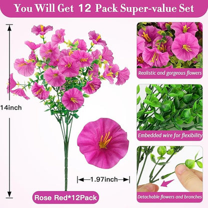 12 Bundles Artificial Flowers for Outdoors Decorations, Fake Flowers Artificial Plants Outdoor, Colorful Faux Morning Glory Realistic UV Resistant for Garden Patio Porch Home Decor (Rosered)