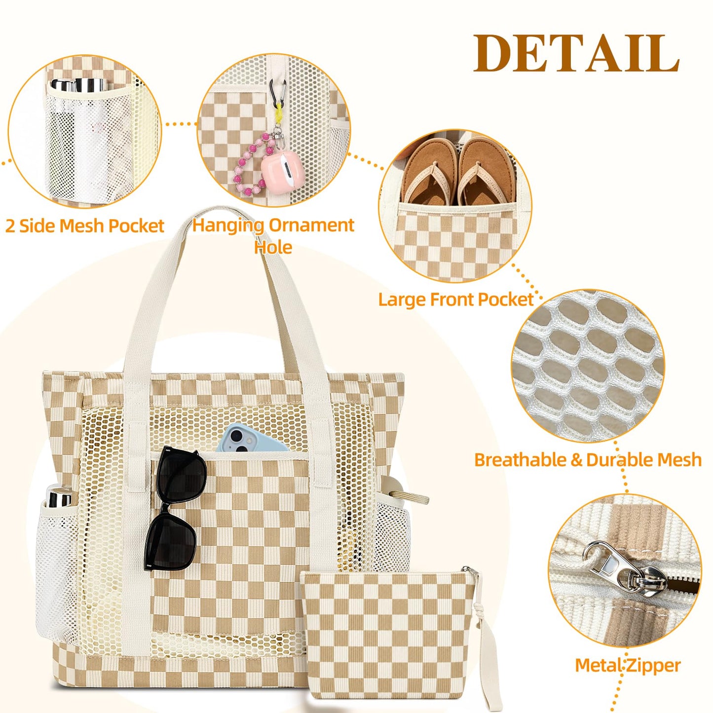 MIAOJIE Mesh Beach Tote Bags for Women Corduroy Tote Bag Sandproof Mesh Beach Bag With Zipper Pocket Pool Bag for Weekender Travel Cruise Swim -Khaki Plaid
