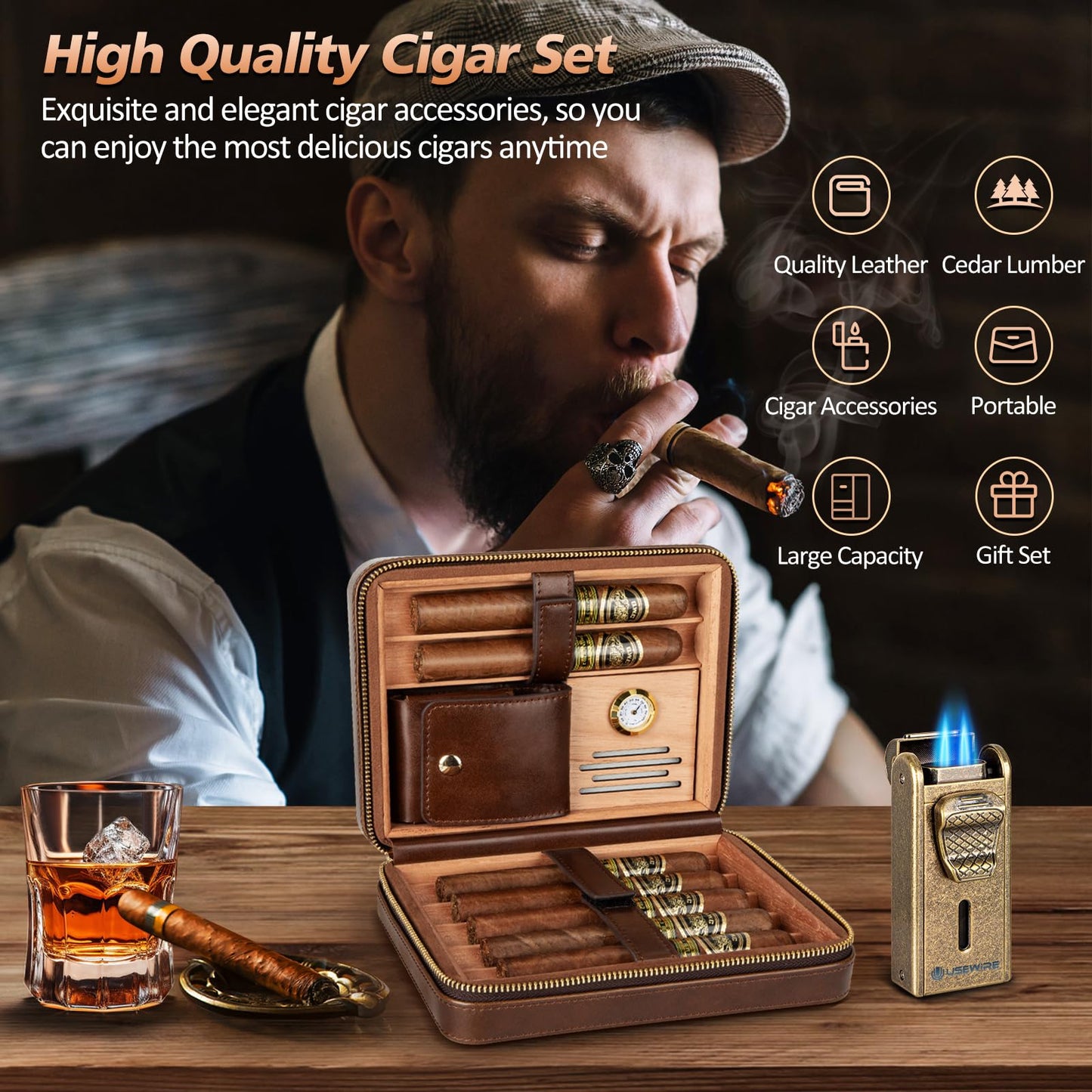 Usewire Cigar Humidor, Leather Cigar Case with Cigar Lighter, Built-in Straight Cigar Cutter and Cigar Punch, Travel Cigar Humidor with Humidifier and Cedar Tray, Cigar Accessories Set for Men