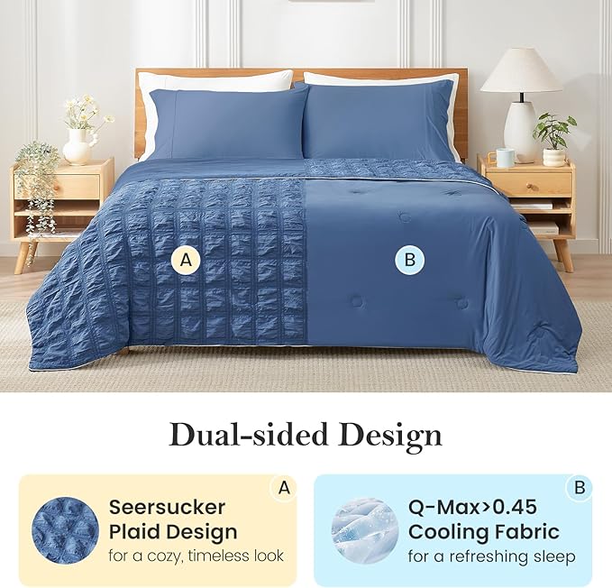 Cozy Bliss Cooling Comforter Seersucker Plaid Full, Q-Max 0.4 Reversible Lightweight Cooling Blanket, Breathable Silk Smooth Summer Bedding Quilt for Hot Sleepers Night Sweats Denim Blue