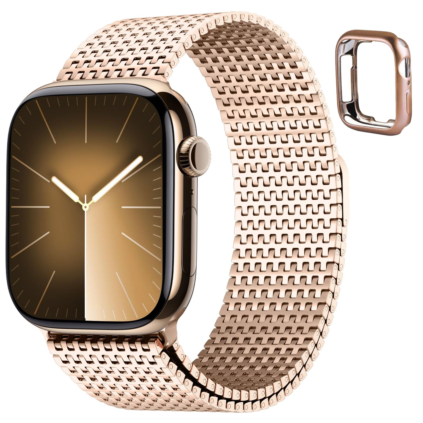 Fullmosa Compatible with Apple Watch Bands 46mm Series 11 10 for Men Women, Stainless Steel Mesh Loop Magnetic Clasp iWatch Band with TPU Case for Apple Watch, Rose Gold