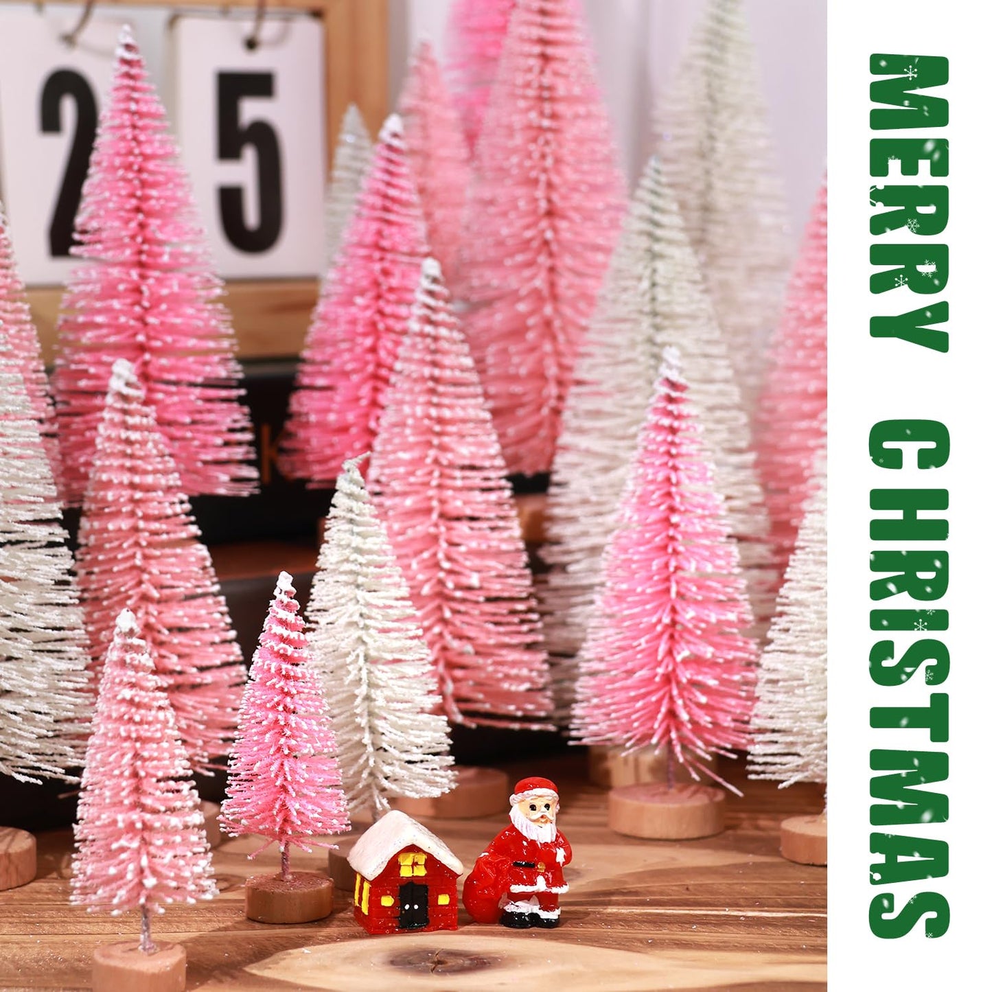 30Pcs Mini Christmas Trees Artificial Christmas Tree Bottle Brush Trees with Wooden Base for Christmas Decor Christmas Party Home Table Craft Decorations(Pink+White)