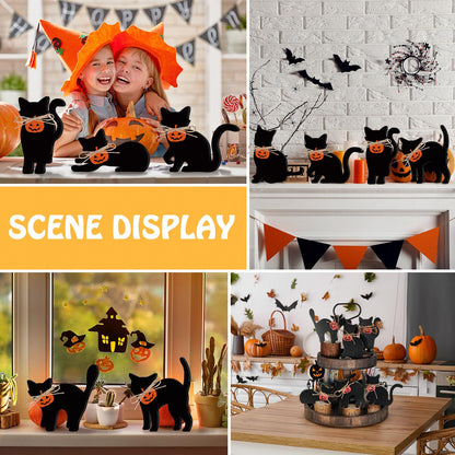 Pinkunn 6 Pcs Halloween Wood Decors with Pumpkin Black Cat Silhouette Decor Wooden Tiered Tray Sign for Home Table Mantel Party Centerpiece