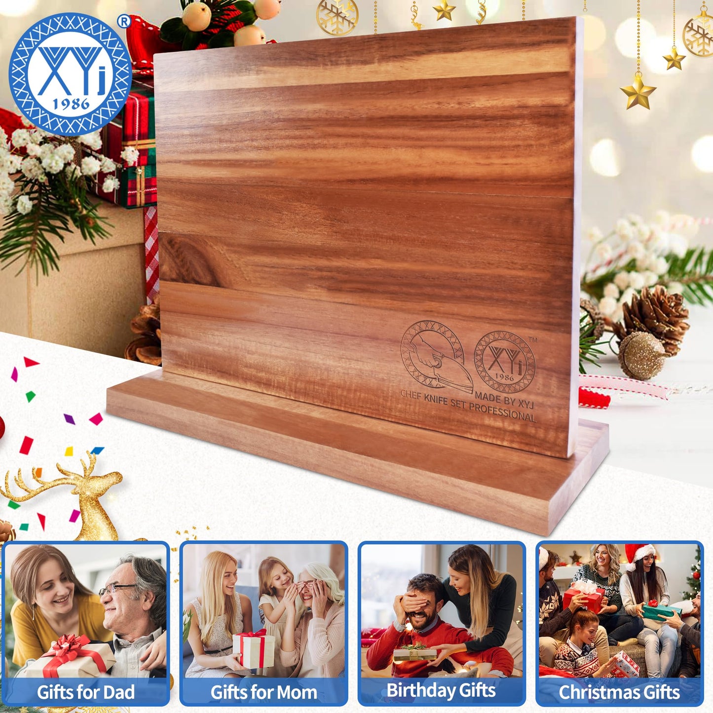 XYJ Authentic Since 1986, Magnetic Knife Block, Double Side Kitchen Knife Stand, Acacia Wood, Magnetic Knife Holder with Strong Enhanced Magnets,Knives Storage Rack Stand for Home Kitchen