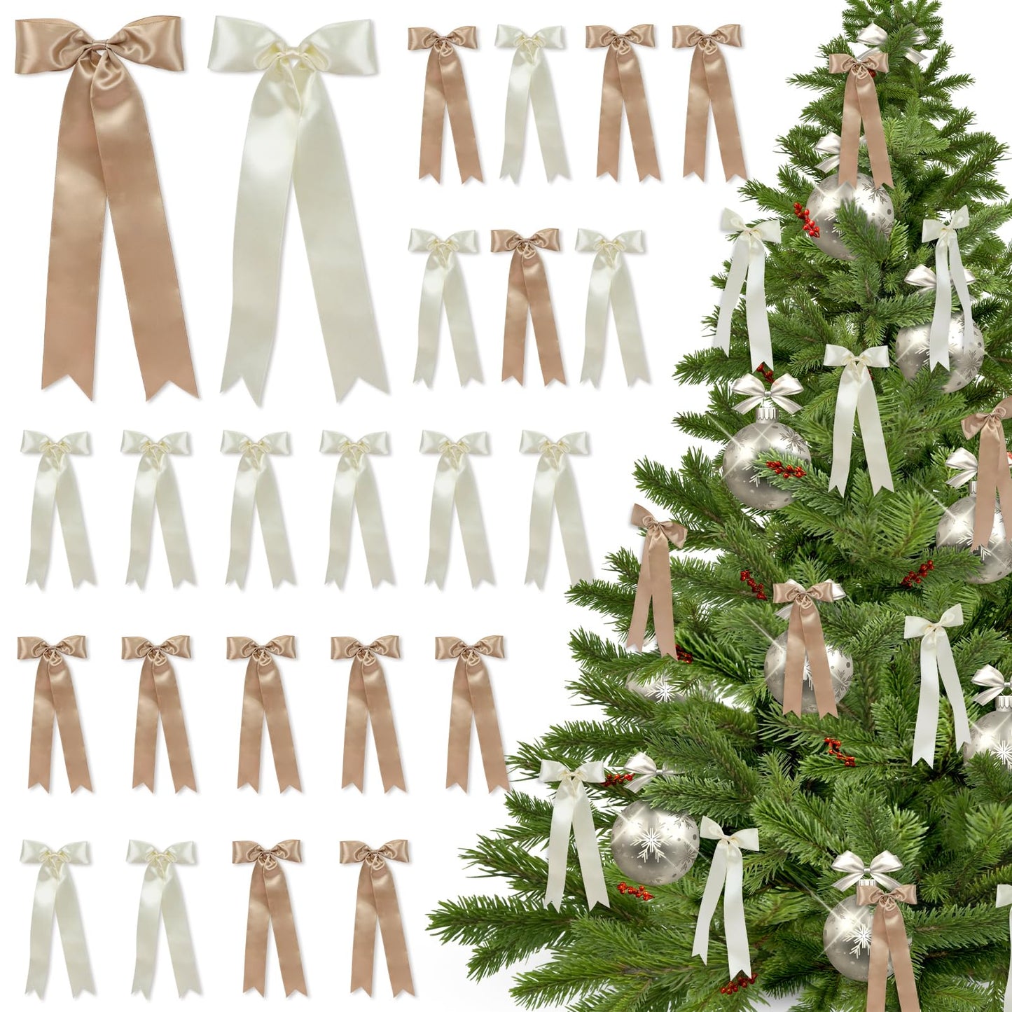 24 Pcs Christmas Tree Bows Decorations - Satin Ribbon Bows for Wreath, Tree Topper, Ornaments, Garland, Home, Staircase, Fireplace Decor
