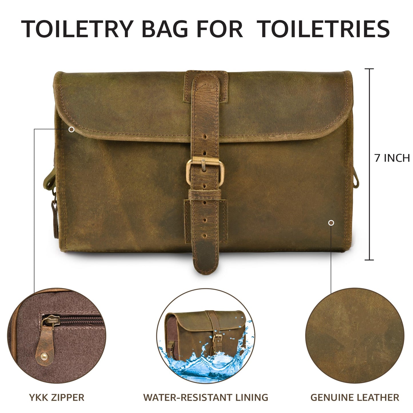 LEATHER VILLAGE Hanging Genuine Leather Toiletry Bag for Men – Handcrafted Vintage Travel Dopp Kit with Waterproof Lining, Shaving Organizer and Shower Bathroom Essentials Case - Mud