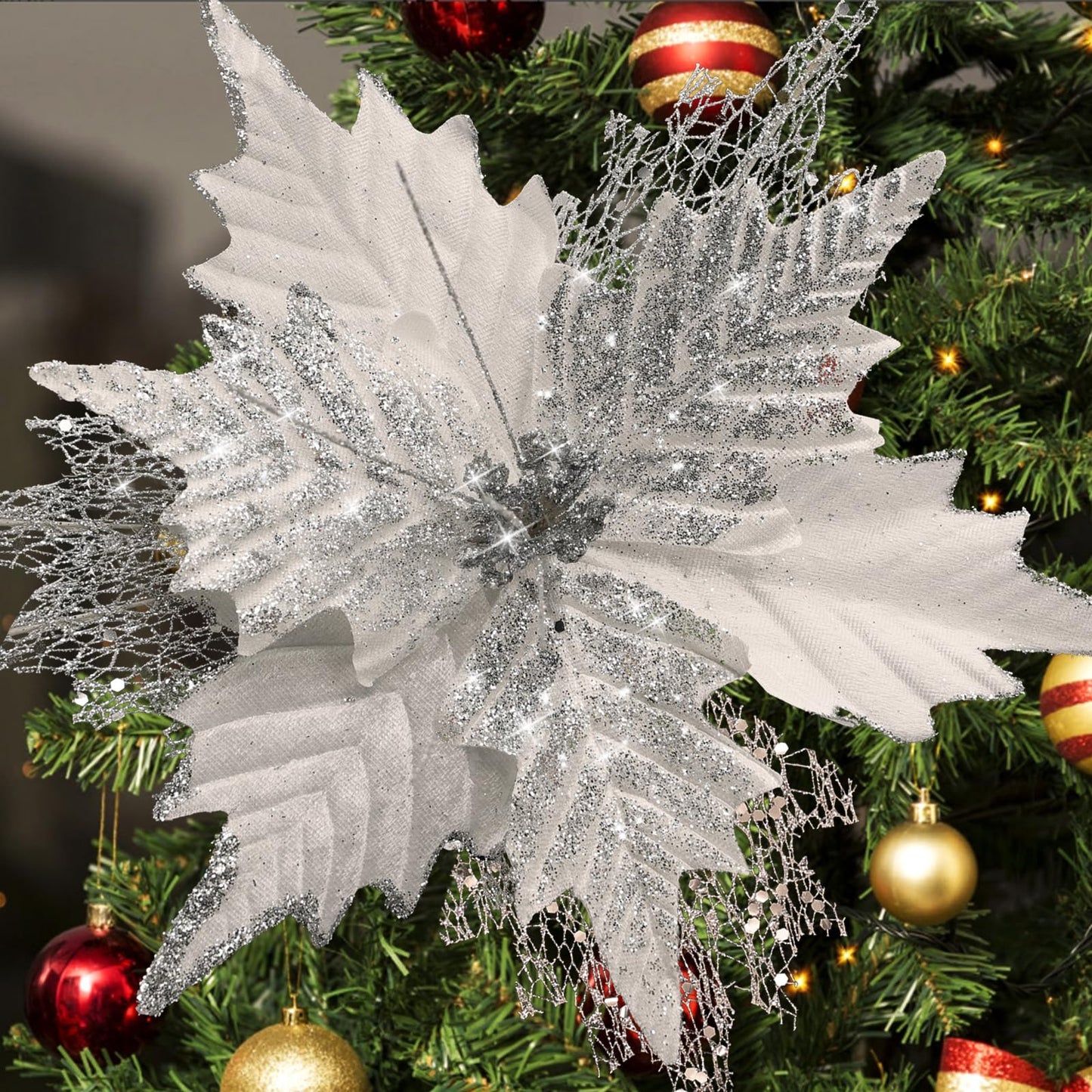10'' Large Christmas Glitter Poinsettia Flowers Decorations, stadeco 10 Pcs Christmas Tree Picks Ornaments Artificial Flowers with Long Stems for Xmas Tree Wreath Garland Wedding Party DIY Decor