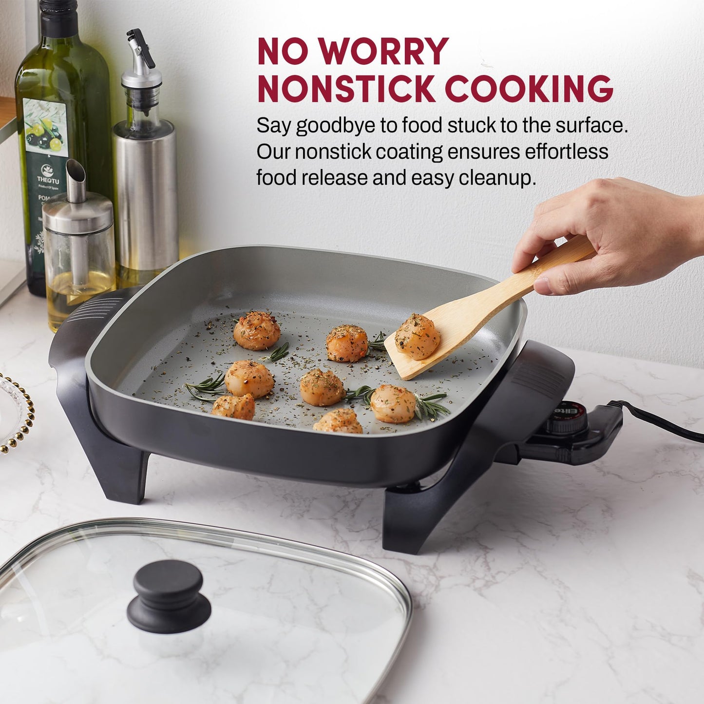 Elite Gourmet EG2212 12"x12"x2.15” Ceralast™ PFAS Free Ceramic Electric Skillet, Dishwasher Safe, Rapid Heat Up, 1200W, Dark Grey
