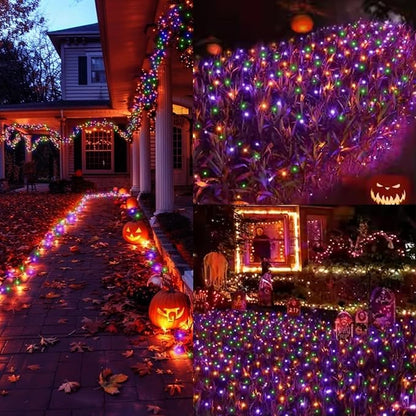 LAMPHOME 66ft Halloween Decorative Mini Lights, 200 LED Transparent Wire Fairy Starry String Lights Plug in, 16 Lighting Modes for Halloween Outdoor Party Decoration (Orange/Purple/Green)