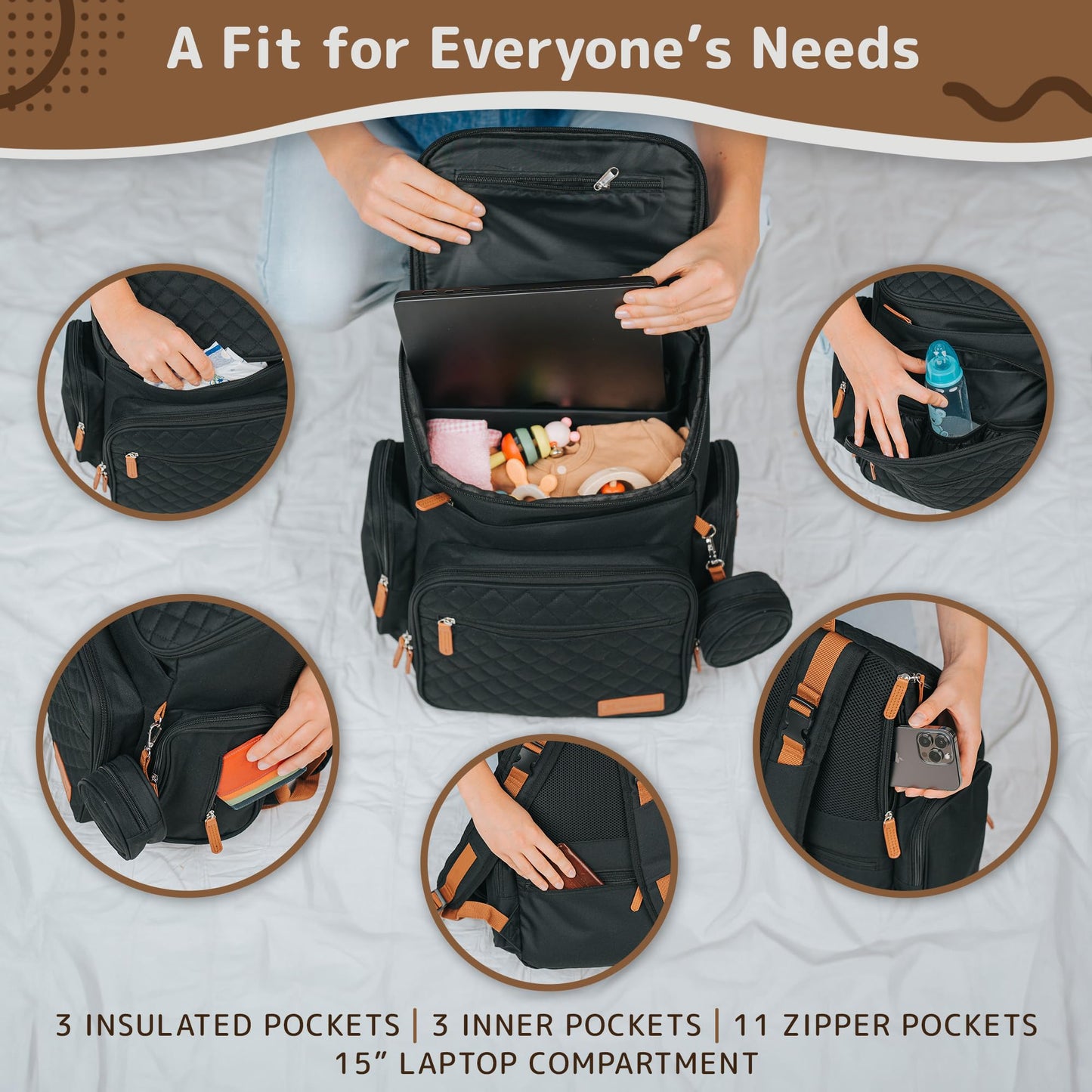 DELMAR BABY Large Diaper Bag Backpack for Mom & Dad | Unisex Baby Travel Bag | 15 Pockets | Changing Pad | Stroller Straps | Stylish & Washable | Newborn Essentials | Black