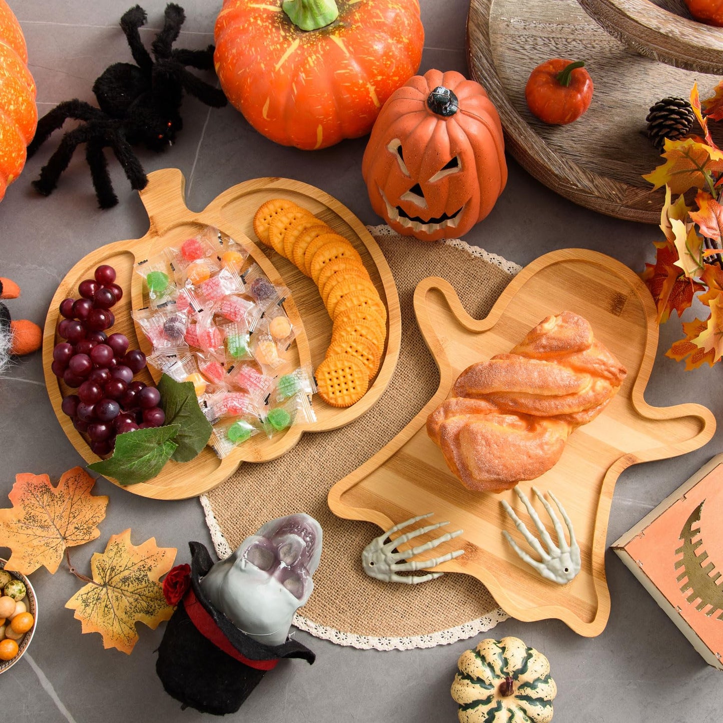 AWIZOM 2 Pcs Halloween Wood Serving Platters Ghost and Sectional Pumpkin Shaped Halloween Wooden Charcuterie Boards Bamboo Serving Trays Wood Snack Dish Plates for Fall Holiday Housewarming Presents