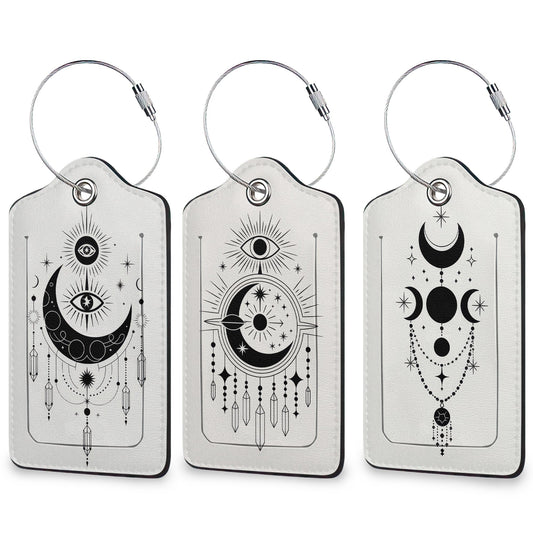 Boho Moon Eyes Luggage Tags for Suitcase 3 Pack, Leather Bag Tags Identifiers with Privacy Name Address Labels and Durable Steel Loop for Men Women Backpack
