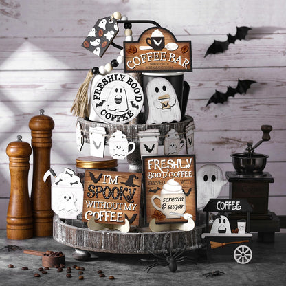 Wonderjune 19 Pcs Halloween Coffee Tiered Tray Decor Rustic Ghost Coffee Bar Table Decor Black and White Spooky Mini Wooden Signs Farmhouse Halloween Decorations for Home Table Office Party Supplies
