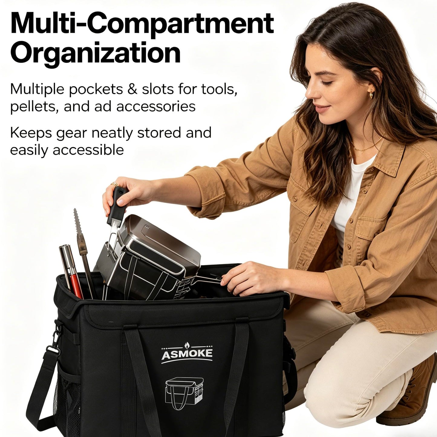 ASMOKE Essential Storage Bag - Custom Fit Grills & BBQ Accessories, Weather-Resistant, Multi-Compartment Design with Carrying Handles, Foldable for Compact Storage