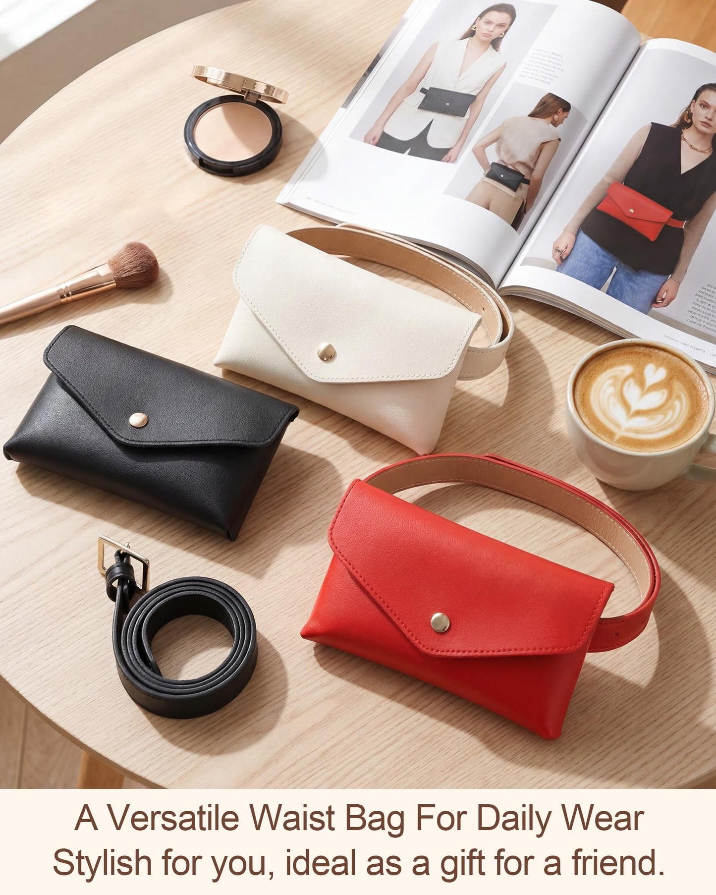 Shihanee 3 Pcs PU Leather Waist Belt Bags for Women Adjustable Fashion Mini Waist Pouch Equestrian Belt Bags for Fashion Party Riding Hiking Daily Use Y2k Accessory (Black,Beige,Red)