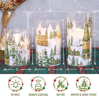 Christmas Flickering Flameless Candles Village House Decor Glass Real Wax LED Battery Operated Pillar Candle with Remote Timer Christmas Church Decorations for Home Party, Winter Holiday DIY, Gifts
