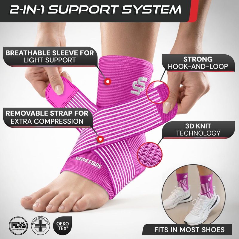 Sleeve Stars Ankle Brace for Women & Men, Ankle Wrap for Sprained Ankle, Compression Sleeve for Plantar Fasciitis Relief, Easy Customizable Support: w/Removable Strap (Single/L:12"-13"/Hot Pink)