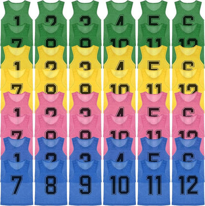 M-Aimee Youth Pinnies - 48 Pcs Mesh Basketball Practice Jerseys | Numbered Soccer Scrimmage Vests in Green, Yellow, Pink, Blue